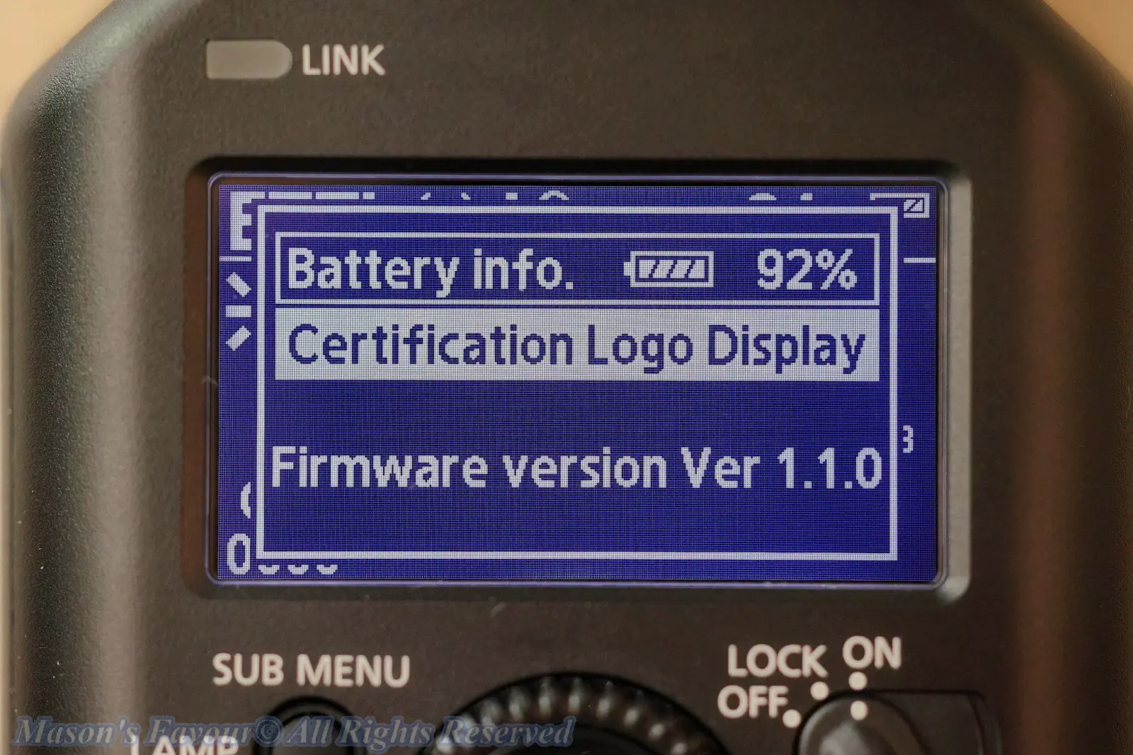 Canon Speedlite EL-5 - Sub Menu illustrated on Display, showing Battery Usage and Firmware Version