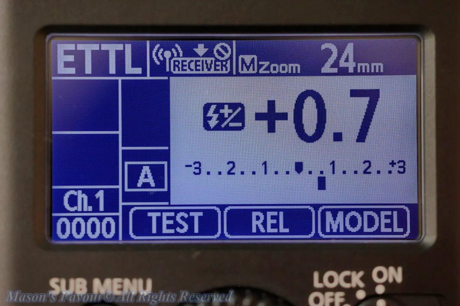 Canon Speedlite EL-5 - Main Menu illustrated on Display, showing the ETTL Compensation by +0.7EV