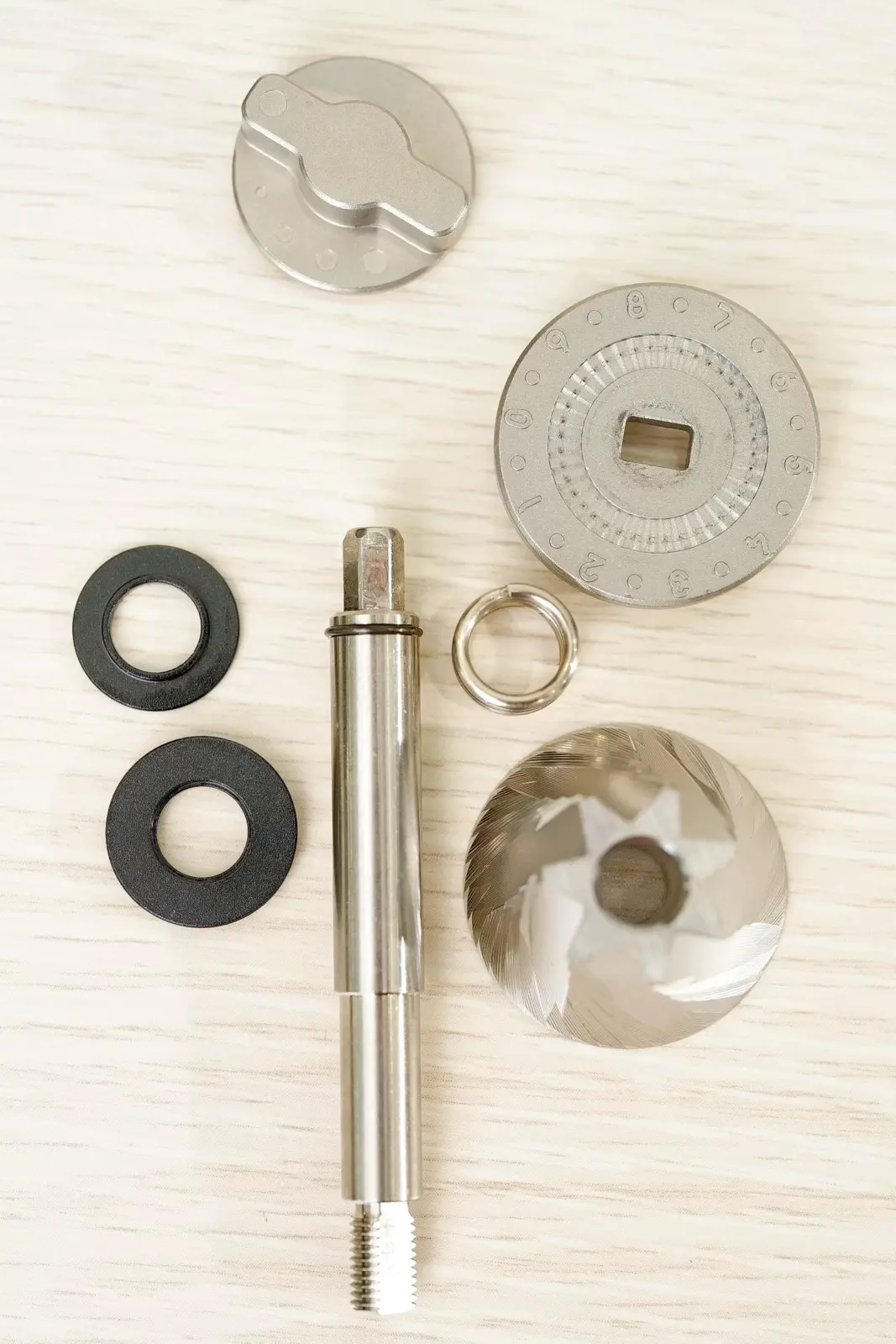 Femobook A2 Coffee Grinder - Cone Burr, Axis, Dial Plate, Grind Adjustment Knob, Bear Ring caps, and Spring of the Conical Burr Set 2