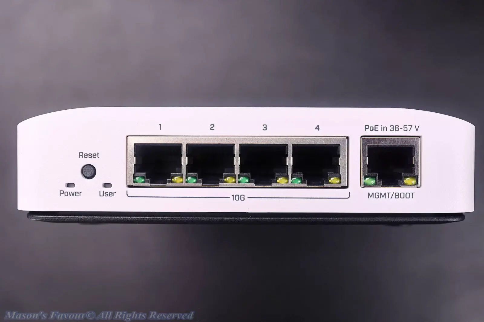 MikroTik CRS304-4XG-IN - Front Panel, RJ45 XG Ethernet ports with a POE-in&Management port