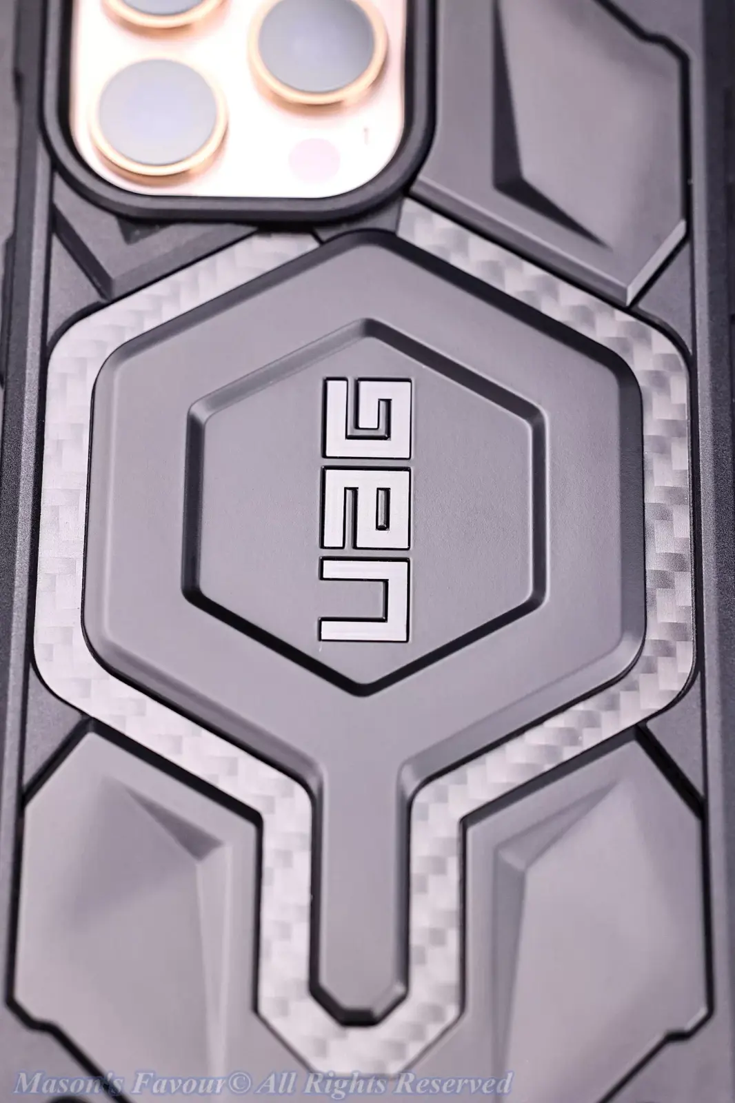 UAG Protective Case for iPhone 16 Pro MAX - Assembled with iPhone 16 Pro MAX, Enlarged View, UAG Relief Logo