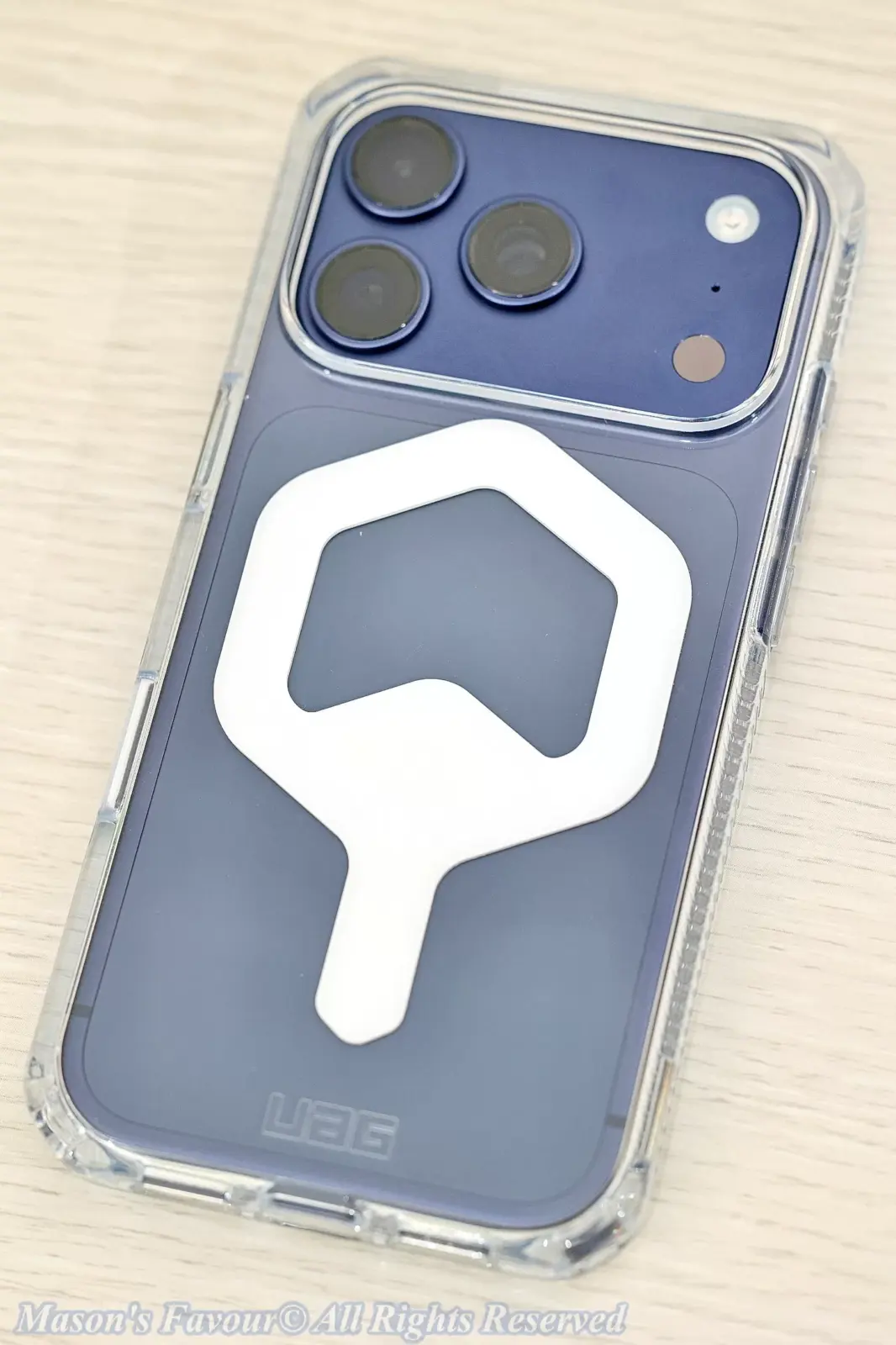iPhone 17 Pro Deep Blue - iPhone 17 Pro assembed with UAG Protective Case, Rear Perspective 1