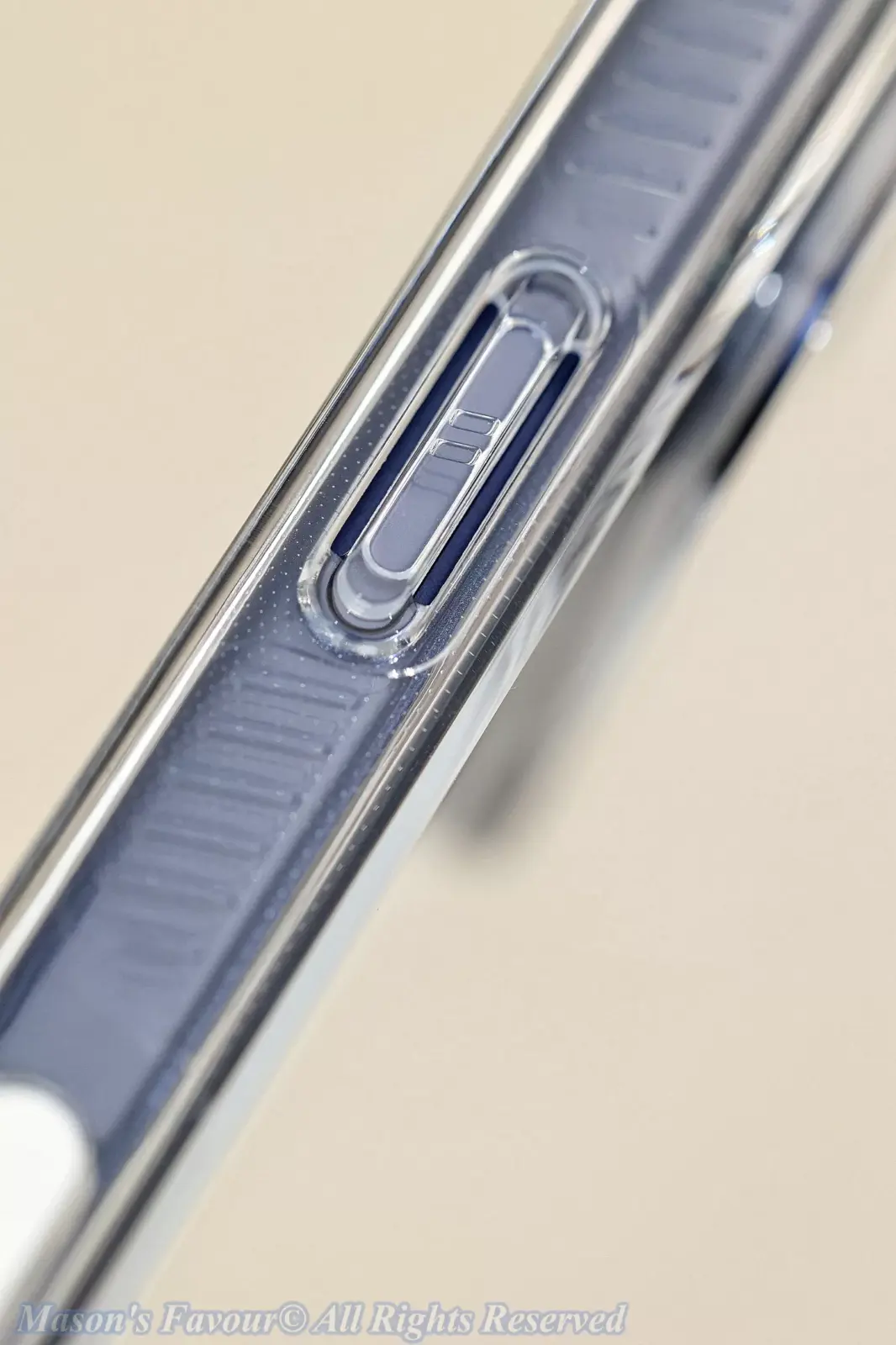 iPhone 17 Pro Deep Blue - iPhone 17 Pro assembed with UAG Protective Case, Power Button, Enlarged View